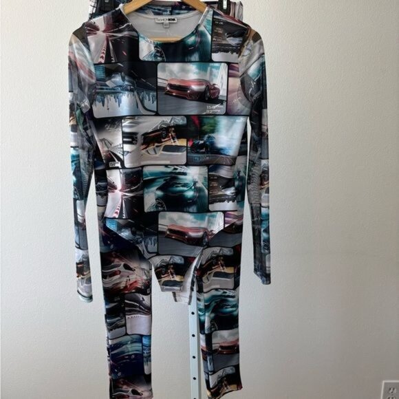 Fashion Nova 2 Piece Pant Set Large Racing Y2K Streetwear Festival Avant-Garde - Picture 11 of 12